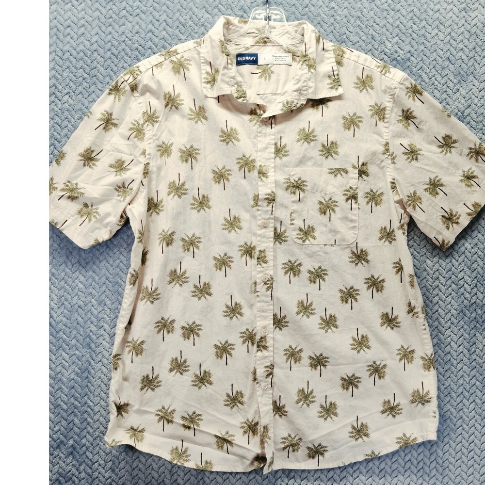 Old Navy Everyday Shirt Men Large White Palm Tree Print Short Sleeve Button Down